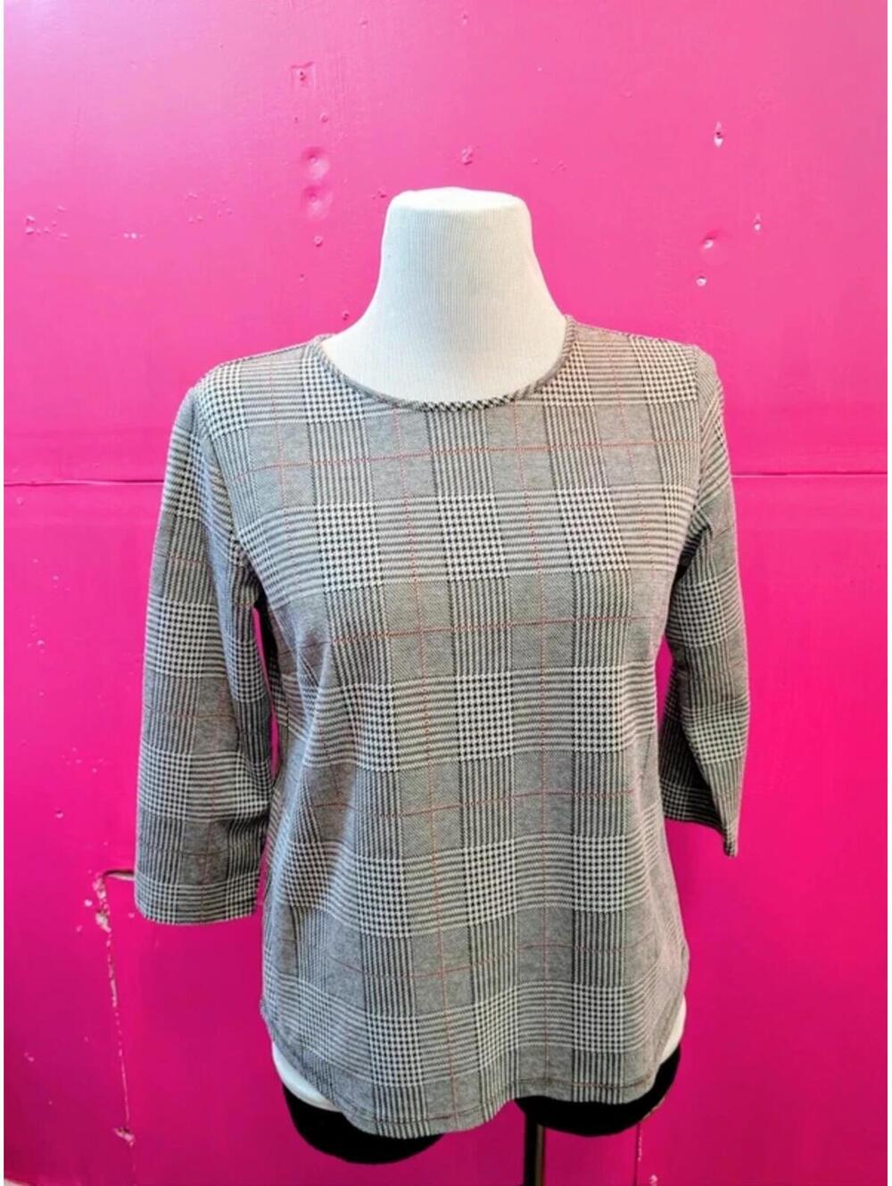 Black White Houndstooth Plaid Stretch Top M